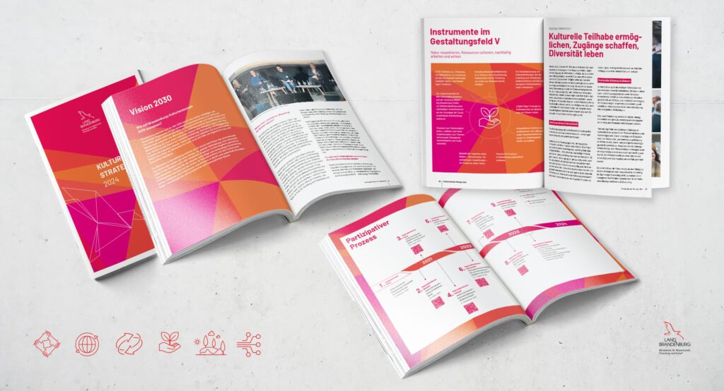 Editorial Design mit Landes-CD, Informationsgrafik und visueller Struktur – Agentur Schweiger gestaltet Abschlussbericht zur Kulturstrategie