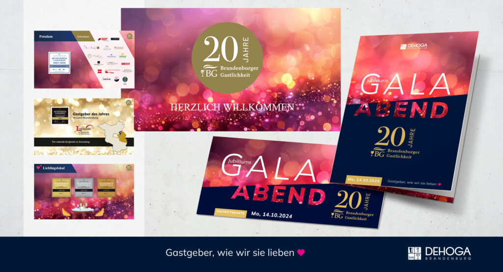 Elegantes Event-Branding mit Logo, Bühnen- und Printgestaltung – Agentur Schweiger inszeniert hochwertige Kommunikationsmittel für Branchenfeiern