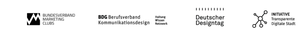 Diese Bild zeigt unser Netzwerk und unsere Mitgliedschaften als eine Logo Reihe von links nach rechts: dem Bundesverband Marketing Clubs, dem BDG Berufsverband Kommunikationsdesign nateilig der veranstaltung Deustcher Designtag und die Initiative Transparente Digitale Stadt.