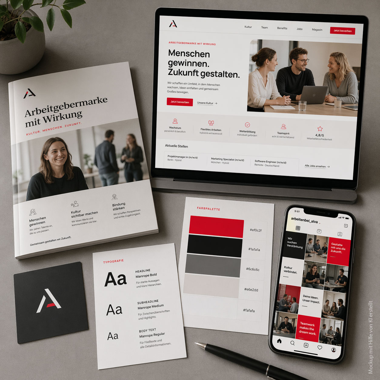 Mockup für Employer Branding mit Arbeitgebermarke, Karriereseite, Corporate Design und Social Media zur Steigerung qualifizierter Bewerbungen.