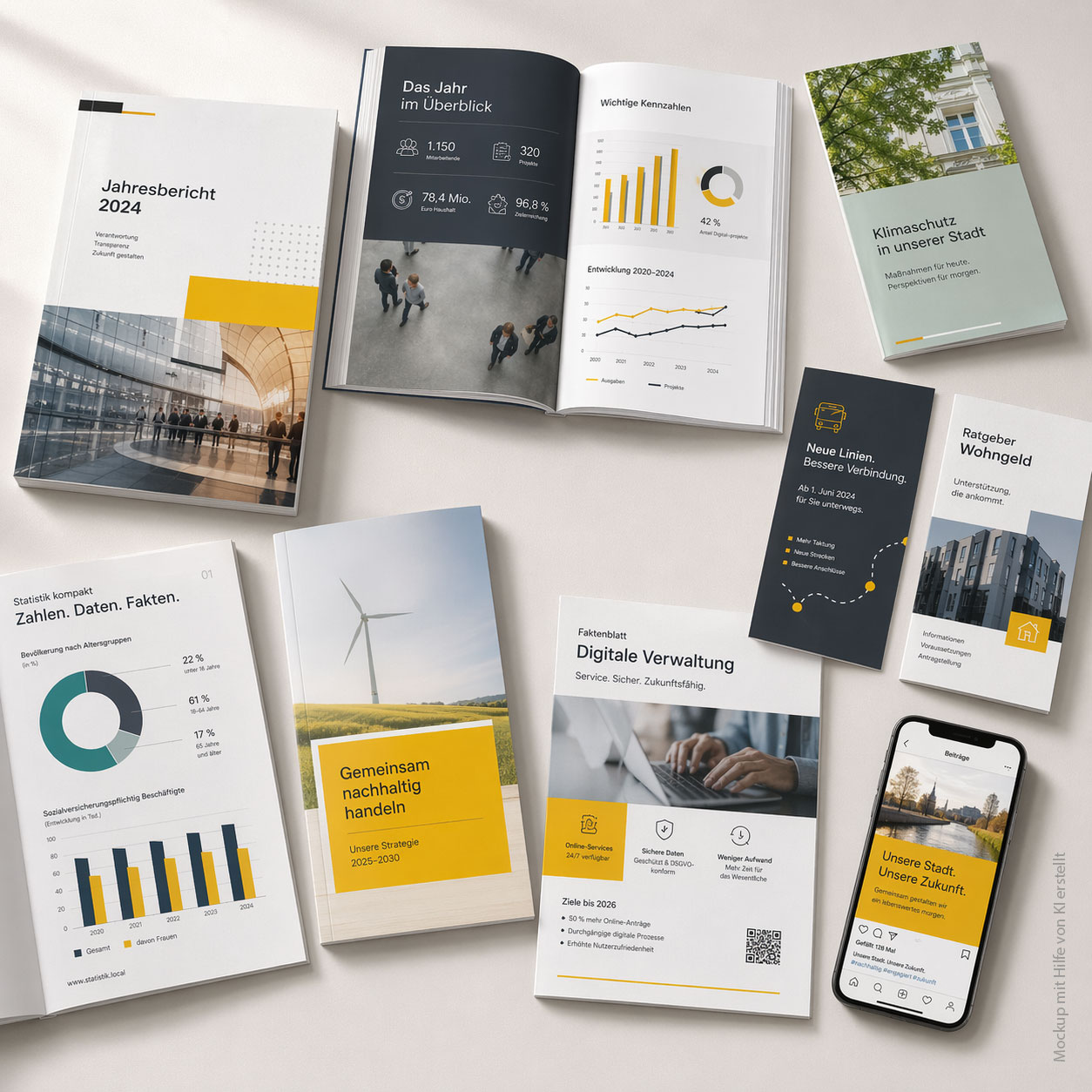 Mockup mit Broschüren, Jahresberichten, Flyern, Statistiken und Social-Media-Post im Corporate Design für Behörden und Organisationen.