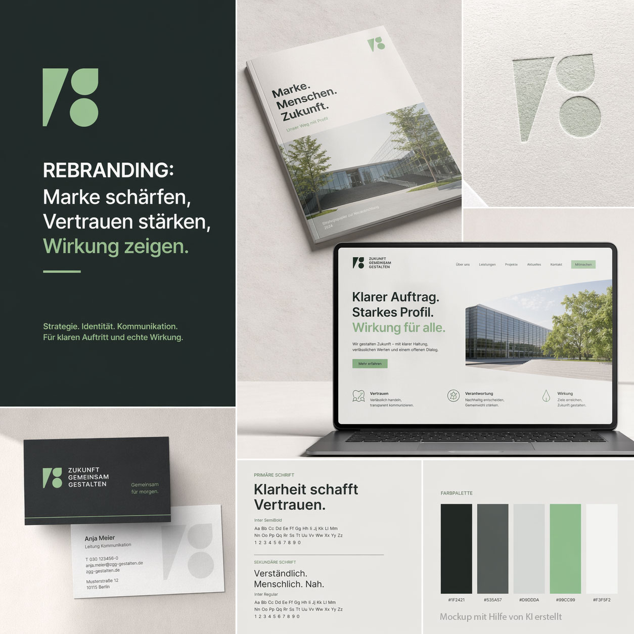 Rebranding-Mockup mit Corporate Design, Website, Broschüre, Logo, Typografie und Farbpalette für eine klare Markenpositionierung.