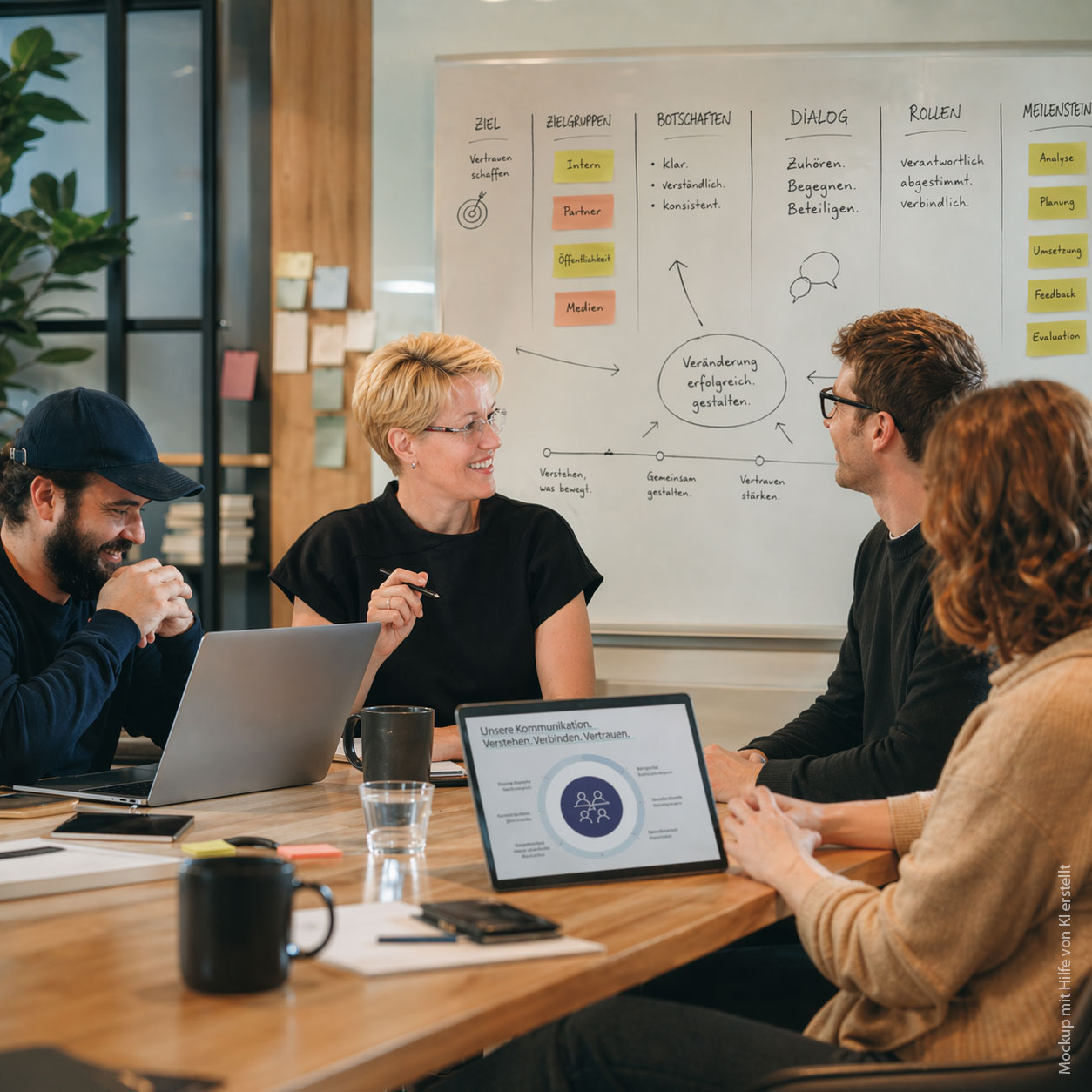 Team-Workshop zur Stakeholder-Kommunikation in Veränderungsphasen mit gemeinsamer Strategiearbeit im Besprechungsraum.
