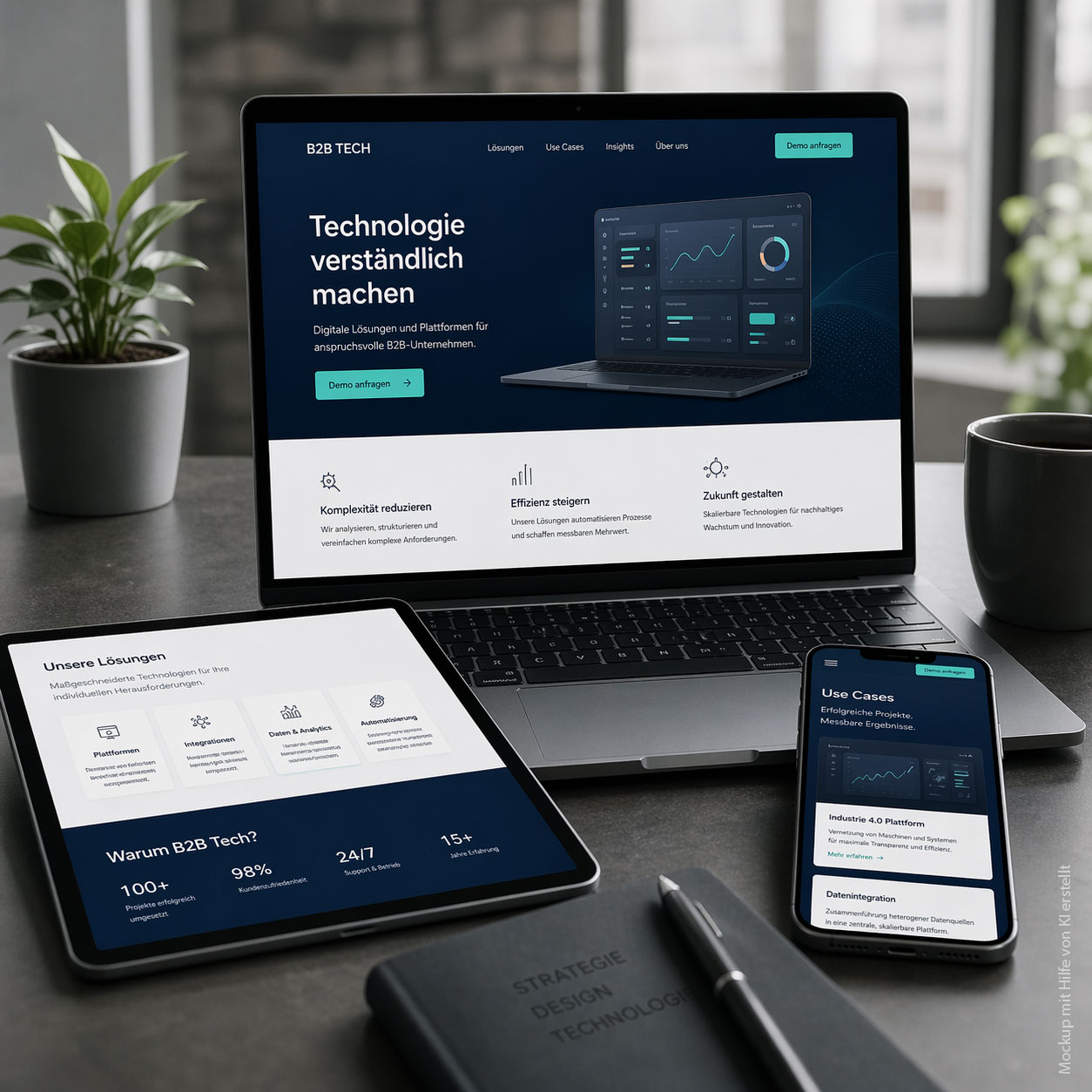 Mockup einer B2B-Tech-Website auf Laptop, Tablet und Smartphone – moderne Inhalte für Leads und Vertrieb.