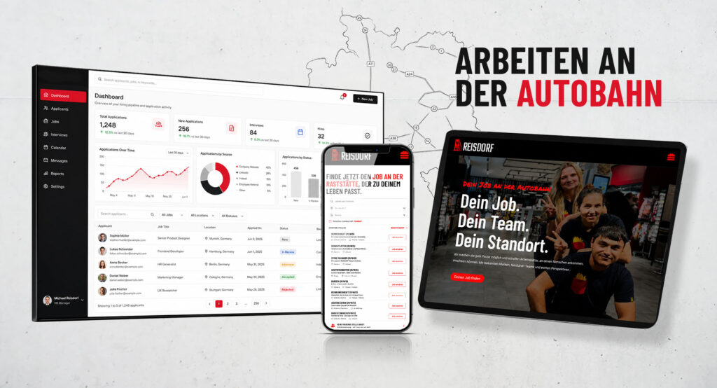 Titelbild der Projektreferenz Reisdorf: Mockup der digitalen Recruiting Plattform mit Karrierewebsite, mobiler Jobsuche, Standortkarte, Bewerbermanagement und ATS Dashboard. Das Motiv zeigt die Entwicklung einer Arbeitgebermarke und zentralen Recruiting Lösung für Tankstellen, Gastronomie und Service im Mittelstand.
