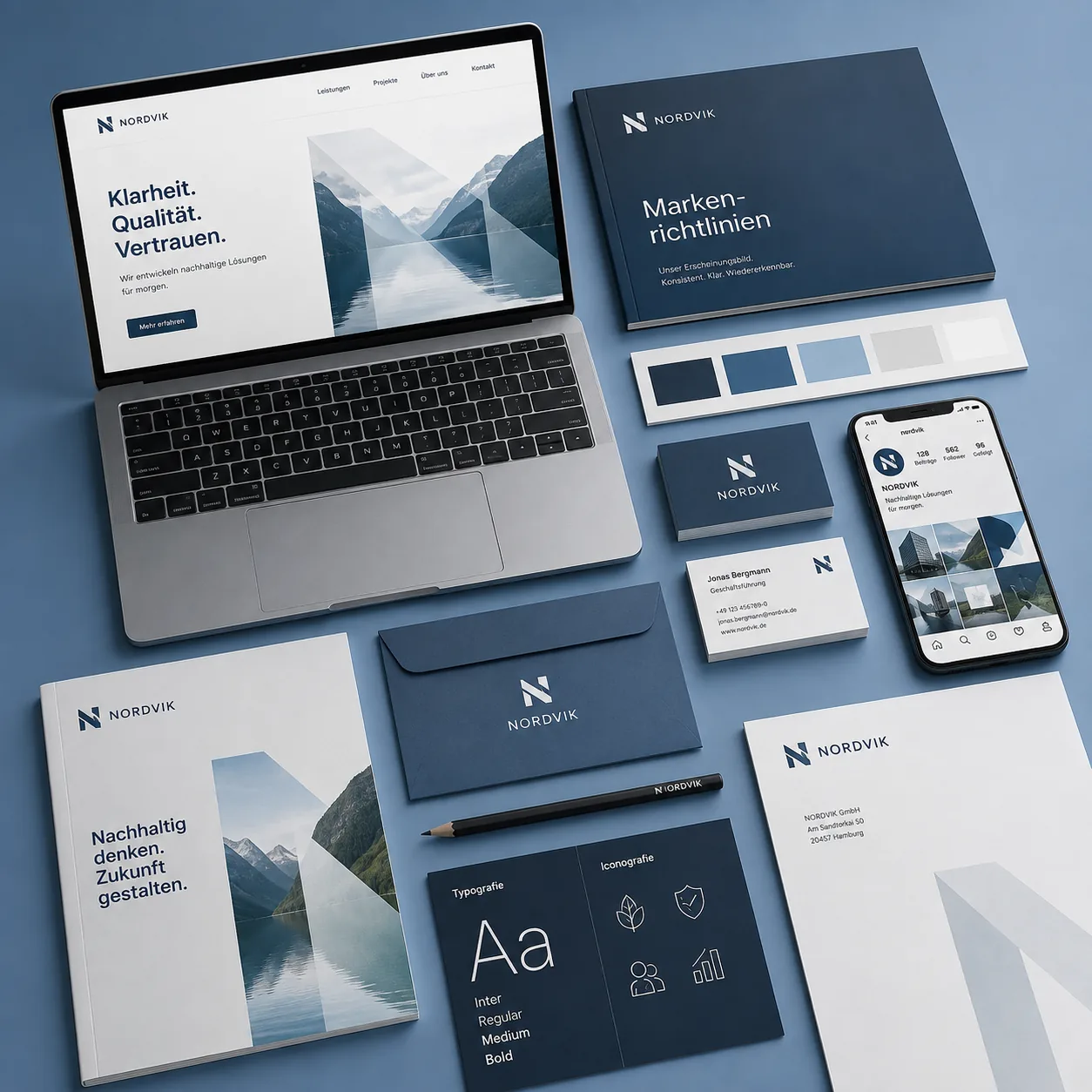 Mockup für Branding mit Website, Broschüre, Geschäftsausstattung und Corporate Design von Agentur Schweiger