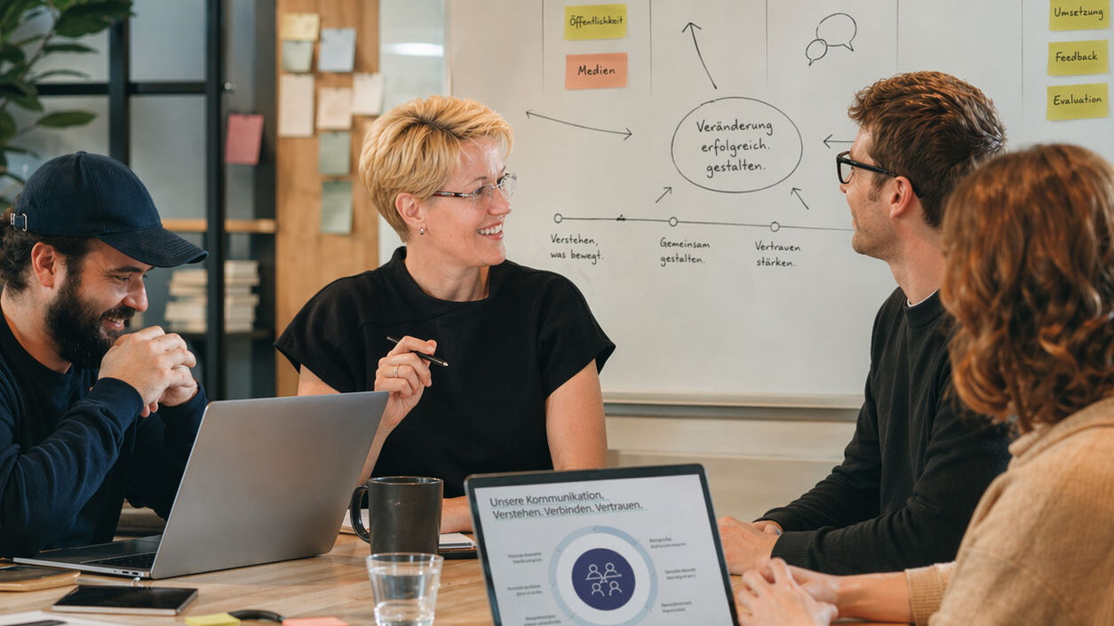 Team-Workshop zur Stakeholder-Kommunikation in Veränderungsphasen mit gemeinsamer Strategiearbeit im Besprechungsraum.