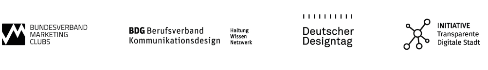 Diese Bild zeigt unser Netzwerk und unsere Mitgliedschaften als eine Logo Reihe von links nach rechts: dem Bundesverband Marketing Clubs, dem BDG Berufsverband Kommunikationsdesign nateilig der veranstaltung Deustcher Designtag und die Initiative Transparente Digitale Stadt.